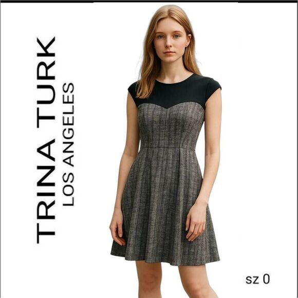 Black & White Tweed Sweetheart Sheer Illusion Bodice Pleated Dress Trina Turk - Picture 1 of 11